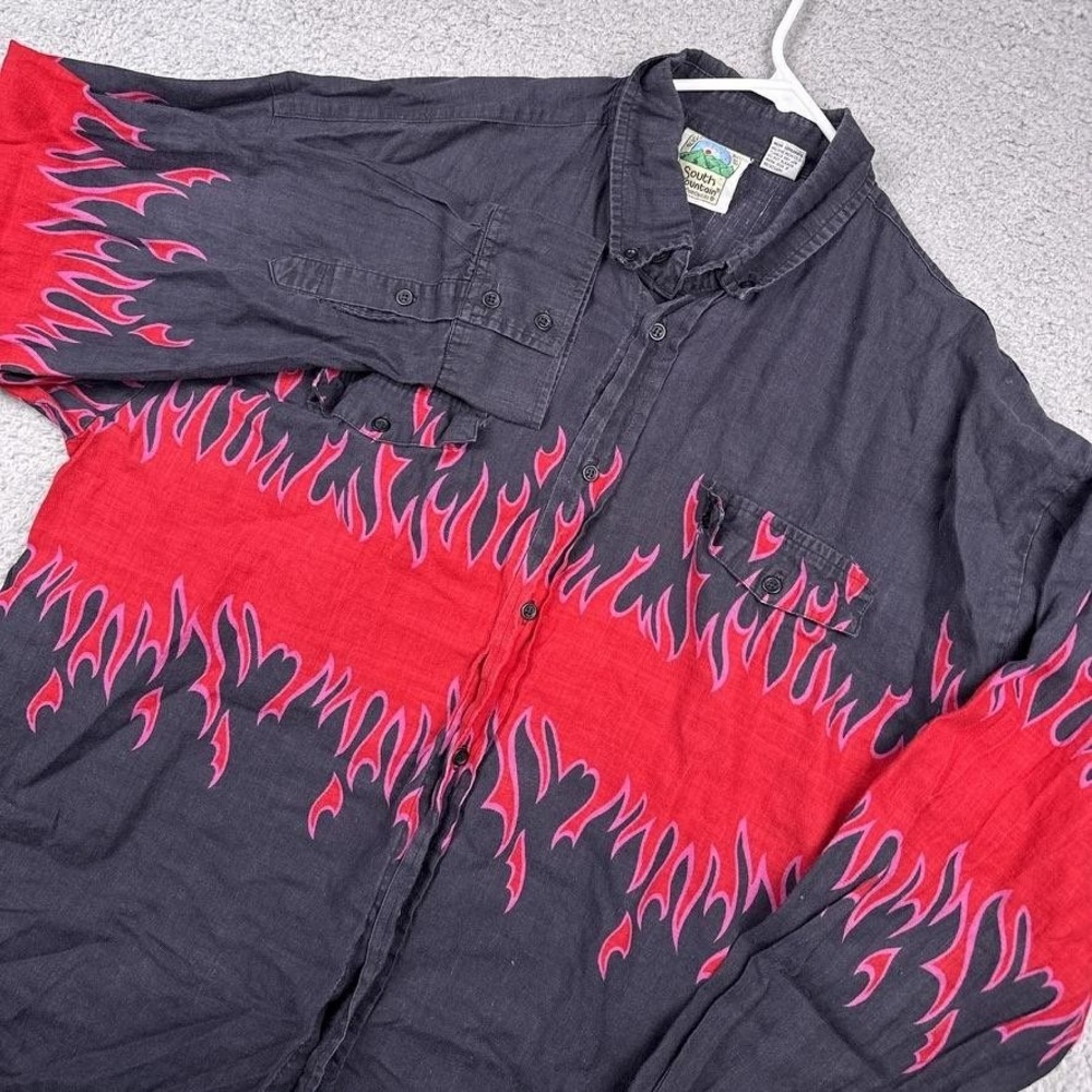 South Mountain Shirt Mens 2XL Black Red Flame Graphic Long‎ Sleeve Button Up